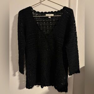 Liz Claiborne Black Crochet Knit Top Medium Long Sleeve Semi Sheer